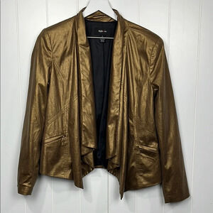 Style & Co Womens Jacket Gold S Open Front Zip Pockets Lined Shoulder Pads Chic